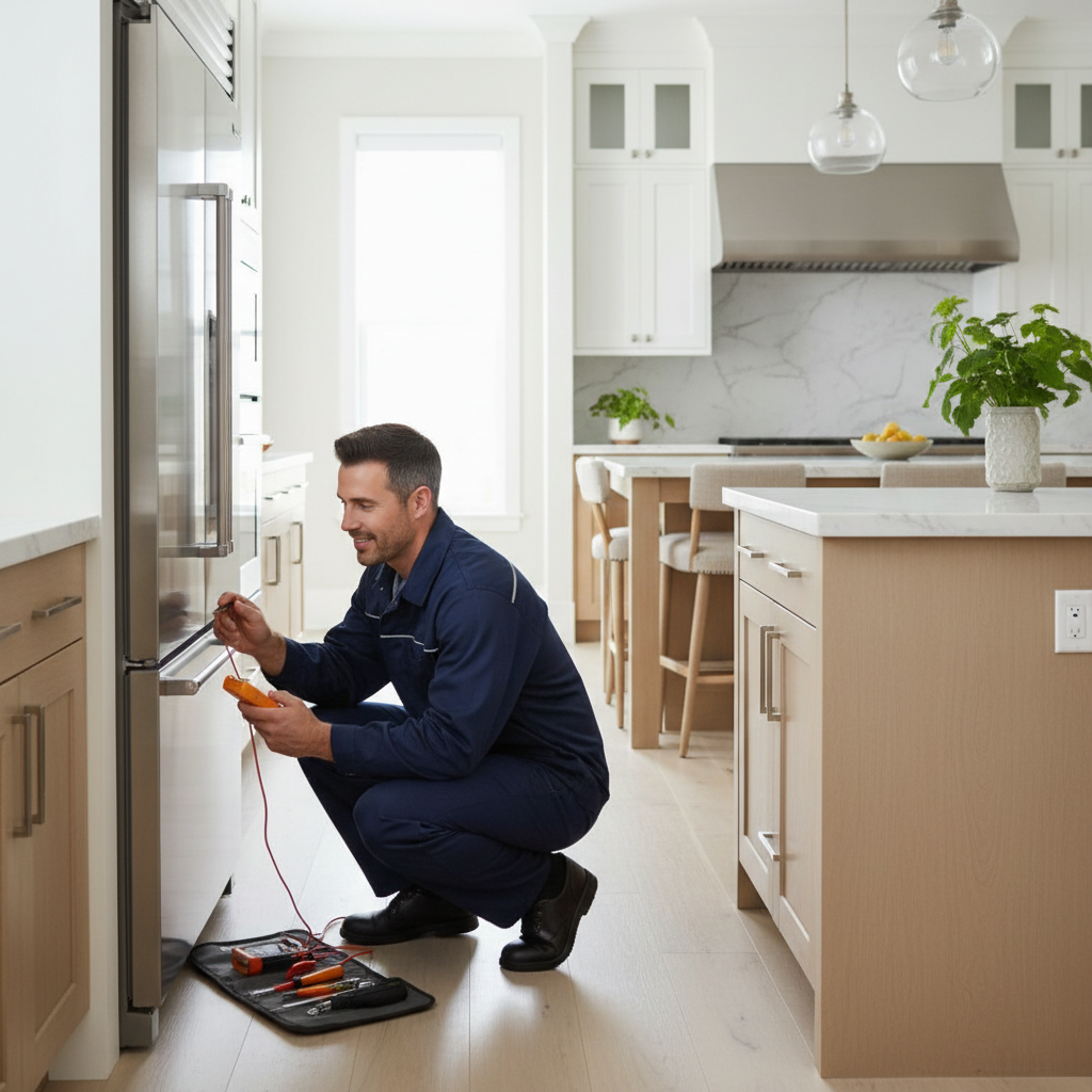 Technician servicing a premium built-in refrigerator